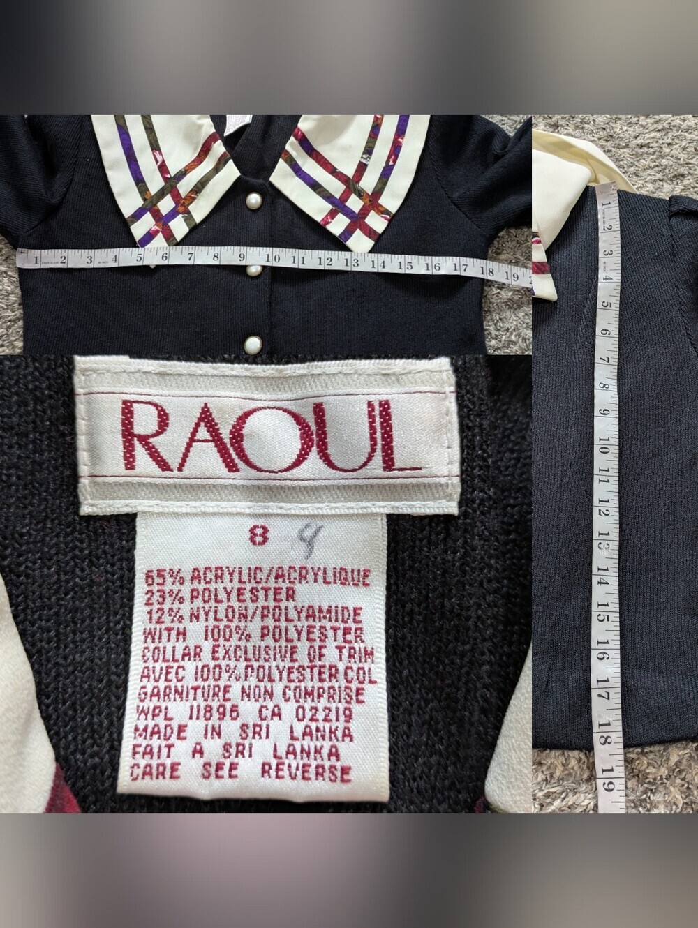 Vintage Raoul Black Statement Collar V Neck Button Up Cardigan Sweater 8 - Picture 8 of 8